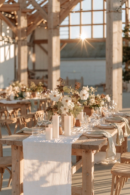 Sage Green and Terracotta Wedding: The Earthy Duo That Understood the Assignment 11 Rustic wedding reception tables with white runners, candles, florals, and warm golden sunlight inside a timber barn venue