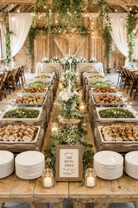 Wedding Buffet Ideas: Setups, Menus, and Layouts Guests Love (and Line Up Twice For) 1 Rustic wedding buffet with mirrored double sided serving line, greenery, candles, and elegant farmhouse reception decor
