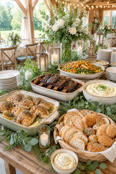 Wedding Buffet Ideas: Setups, Menus, and Layouts Guests Love (and Line Up Twice For) 3 Rustic wedding buffet with roasted chicken, ribs, fresh bread, mashed potatoes, and elegant greenery centerpiece display