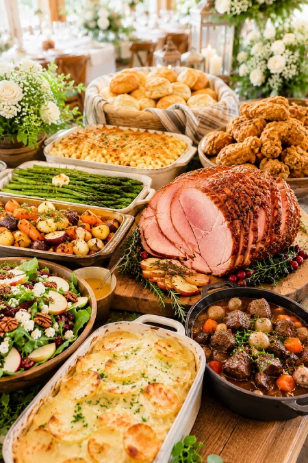 Wedding Buffet Ideas: Setups, Menus, and Layouts Guests Love (and Line Up Twice For) 7 Rustic wedding buffet ideas with glazed ham, fried chicken, potato gratin, asparagus, salads, and comforting family-style sides