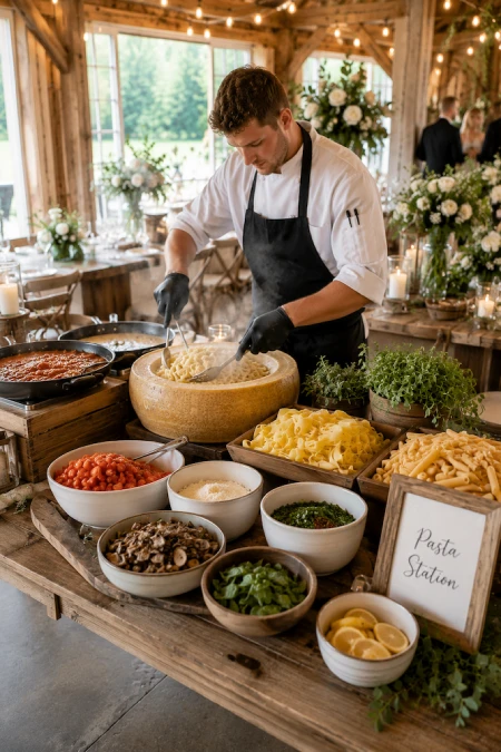 Wedding Buffet Ideas: Setups, Menus, and Layouts Guests Love (and Line Up Twice For) 4 Chef preparing fresh pasta at a rustic wedding pasta station with gourmet toppings and elegant farmhouse reception decor