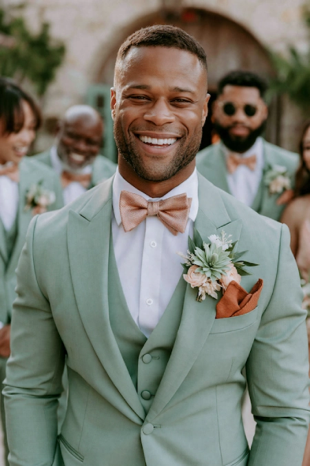 Sage Green and Terracotta Wedding: The Earthy Duo That Understood the Assignment 7 Groom in a sage green tuxedo with blush bow tie and terracotta pocket square standing with his wedding party outdoors