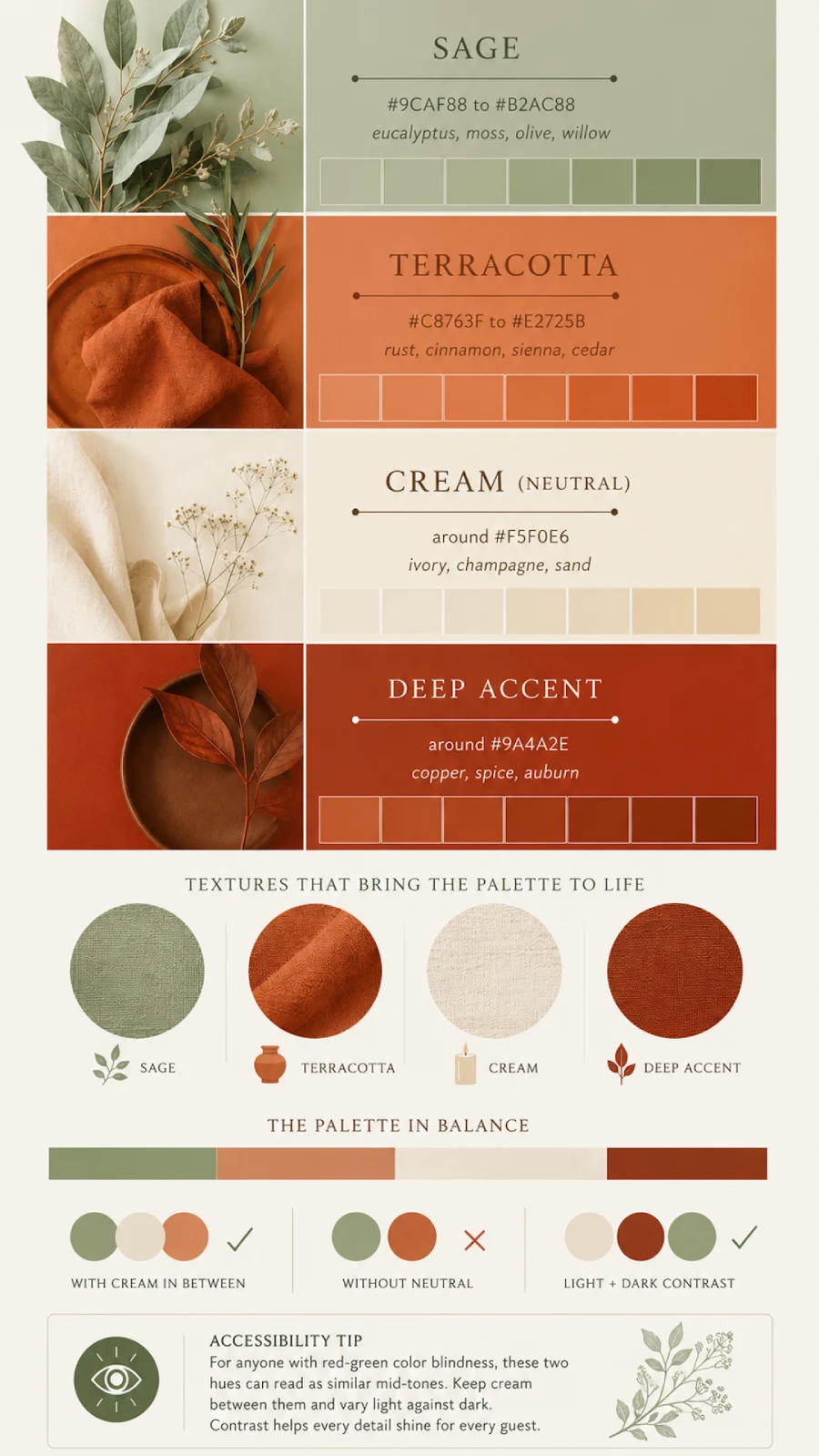 Sage Green and Terracotta Wedding: The Earthy Duo That Understood the Assignment 2 Sage green and terracotta wedding color palette infographic with cream neutrals, accent shades, textures, and styling guide