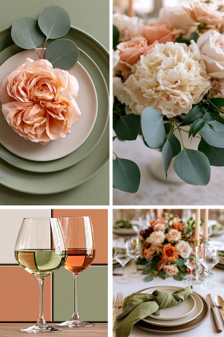 Sage Green and Terracotta Wedding: The Earthy Duo That Understood the Assignment 10 Four panel collage of sage and terracotta wedding palette with florals, place setting, wine glasses, and reception centerpiece