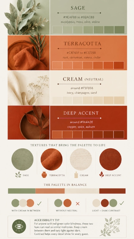 Sage Green and Terracotta Wedding: The Earthy Duo That Understood the Assignment 1 Sage and terracotta wedding color palette infographic with hex codes, textures, styling tips, and accessible color combinations