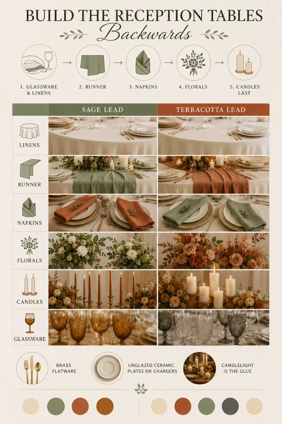 Sage Green and Terracotta Wedding: The Earthy Duo That Understood the Assignment 6 Sage and terracotta wedding reception table styling infographic with linens, florals, candles, glassware, and decor ideas