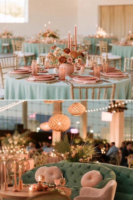 Sage Green and Terracotta Wedding: The Earthy Duo That Understood the Assignment 14 Comparison of sage and terracotta wedding reception styling with elegant tablescapes, candles, lounge seating, and floral decor