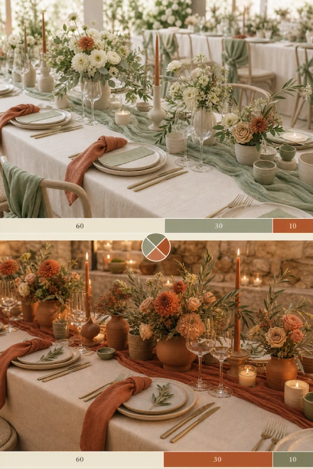 Sage Green and Terracotta Wedding: The Earthy Duo That Understood the Assignment 3 Wedding tablescape comparison for Sage Green and Terracotta Wedding with soft sage and terracotta palettes featuring florals, candles, layered linens, and color swatches
