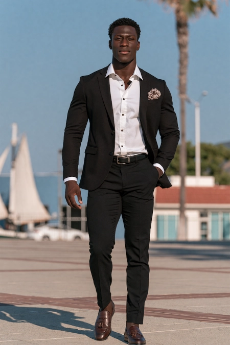 The Perfect Rehearsal Dinner Dress for Guests: Your Complete Outfit Guide 14 Man in a tailored black suit with open-collar shirt and loafers for stylish semi-formal rehearsal dinner attire