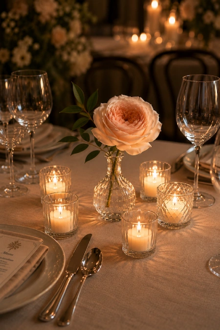 25 Fall Wedding Centerpieces With Main Character Energy (Cozy, Never Costume-y) 10 Single blush garden rose in a bud vase surrounded by votive candles creates a romantic minimalist wedding centerpiece