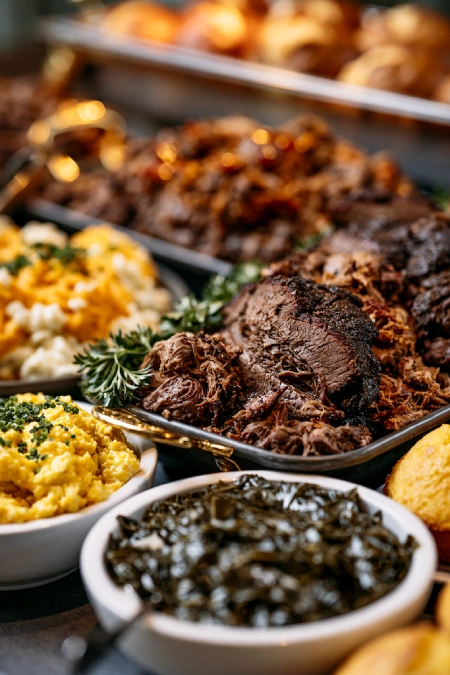 Wedding Buffet Ideas: Setups, Menus, and Layouts Guests Love (and Line Up Twice For) 5 Close up of brisket, pulled pork, collard greens, mac and cheese, and Southern sides on a rustic wedding buffet table