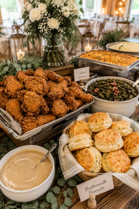 Wedding Buffet Ideas: Setups, Menus, and Layouts Guests Love (and Line Up Twice For) 9 Southern wedding buffet with crispy fried chicken, buttermilk biscuits, collard greens, gravy, and comforting classic sides