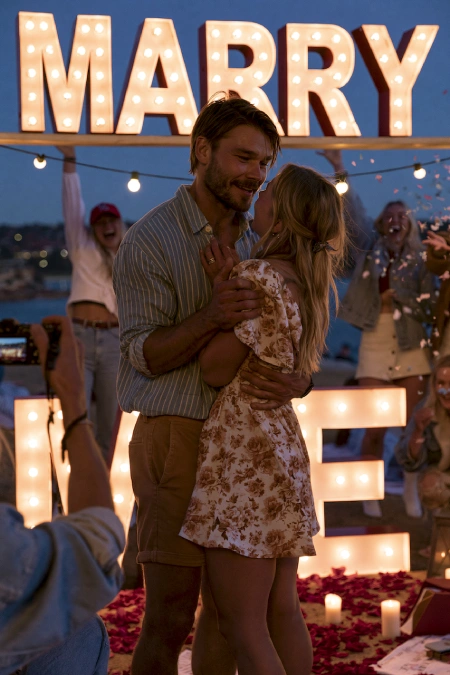 Proposal Ideas: 40 Ways to Pop the Question She'll Never Stop Talking About 9 Couple celebrates surprise marriage proposal with glowing marquee letters, candles, rose petals, and cheering friends at dusk