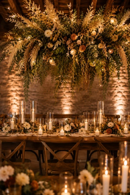 25 Fall Wedding Centerpieces With Main Character Energy (Cozy, Never Costume-y) 25 Suspended floral installation with pampas grass, greenery, and candlelit tables creates a dramatic fall wedding reception
