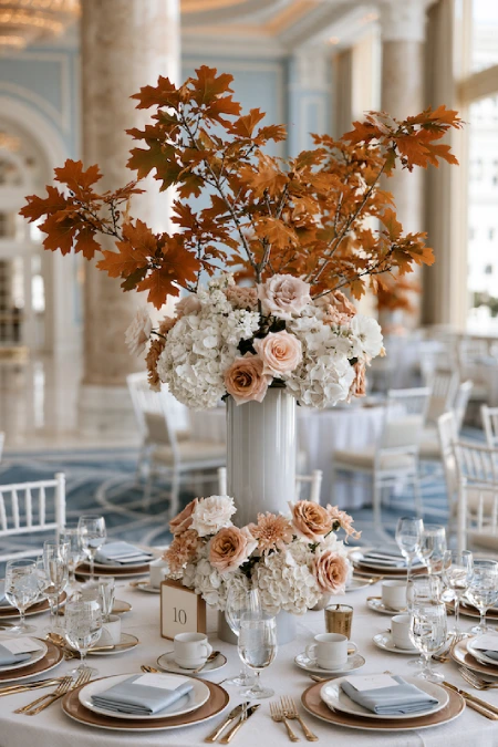25 Fall Wedding Centerpieces With Main Character Energy (Cozy, Never Costume-y) 21 Tall fall wedding centerpiece with white hydrangeas, blush roses, and autumn oak branches in an elegant ballroom reception