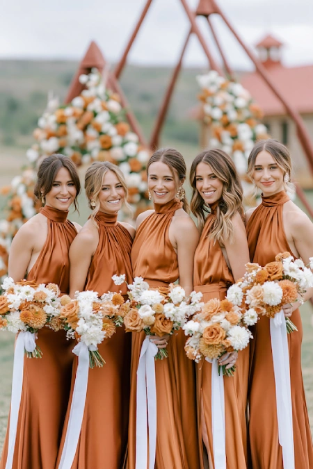 Terracotta Wedding Color Scheme: The Coziest, Most Iconic Palette Around 13 Bridesmaids in terracotta satin dresses holding warm-toned bouquets at an outdoor wedding ceremony backdrop