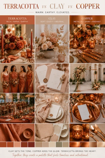 Terracotta Wedding Color Scheme: The Coziest, Most Iconic Palette Around 4 Terracotta, clay, and copper wedding palette comparison with florals, tablescapes, and bridesmaid inspiration