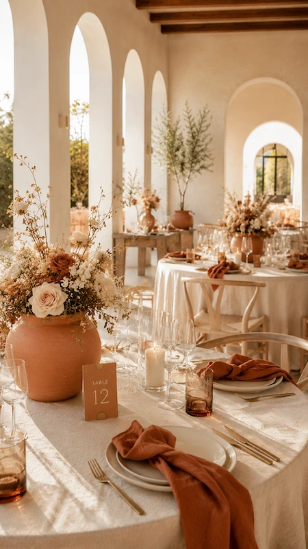Terracotta Wedding Color Scheme: The Coziest, Most Iconic Palette Around 7 Terracotta wedding reception with Mediterranean arches, warm florals, and elegant sunlit tablescape styling