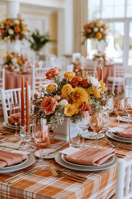Terracotta Wedding Color Scheme: The Coziest, Most Iconic Palette Around 10 Terracotta, mustard, and burnt orange wedding tablescape with autumn florals and warm candlelit reception decor