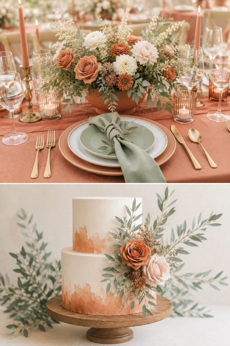 Terracotta Wedding Color Scheme: The Coziest, Most Iconic Palette Around 6 Terracotta and sage green wedding tablescape with floral centerpiece and watercolor-inspired wedding cake design