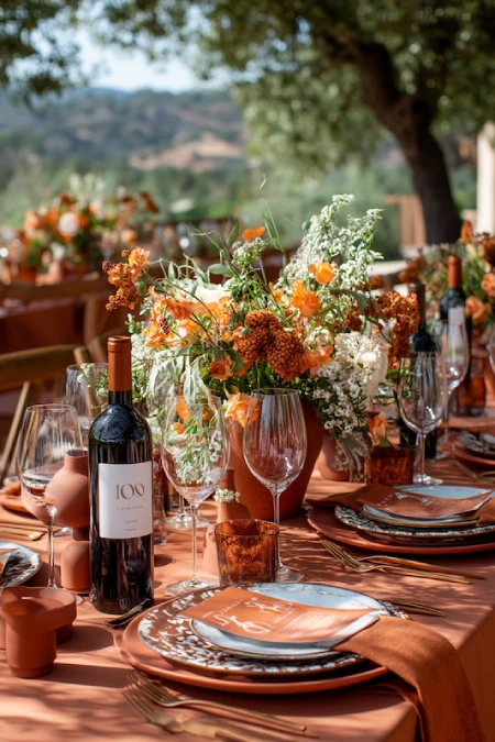 Terracotta Wedding Color Scheme: The Coziest, Most Iconic Palette Around 5 Terracotta vineyard wedding tablescape with warm florals, wine bottles, layered place settings, and sunset tones