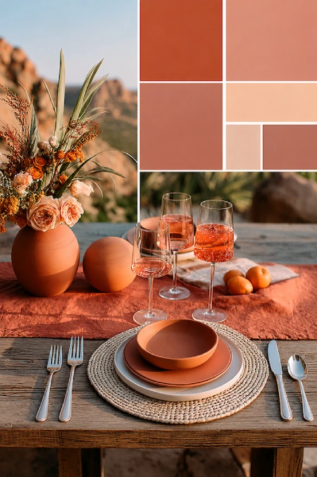 Terracotta Wedding Color Scheme: The Coziest, Most Iconic Palette Around 2 Terracotta wedding color palette with desert florals, clay tones, silver cutlery, and sunset-inspired tablescape decor