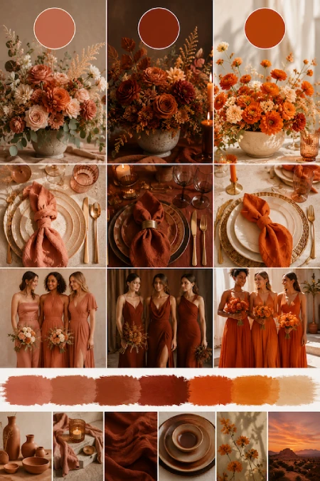 Terracotta Wedding Color Scheme: The Coziest, Most Iconic Palette Around 3 Terracotta wedding inspiration board with florals, bridesmaid dresses, tablescapes, and sunset-inspired color swatches
