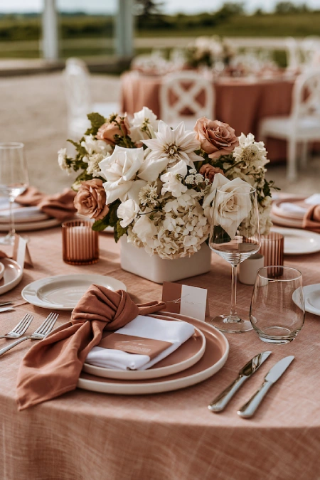 Terracotta Wedding Color Scheme: The Coziest, Most Iconic Palette Around 1 Terracotta wedding reception table with blush linens, floral centerpiece, and elegant outdoor reception decor