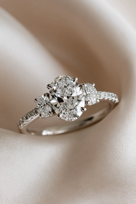 Oval Engagement Ring Obsession: Why This Cut Is Everyone's Main Character Right Now 11 Three stone oval diamond engagement ring with pavé band on soft ivory fabric, featuring matching oval side stones in close-up