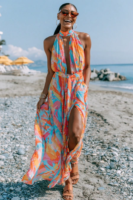 The Perfect Rehearsal Dinner Dress for Guests: Your Complete Outfit Guide 12 Woman in a colorful tropical maxi dress walking along the beach for a destination rehearsal dinner look