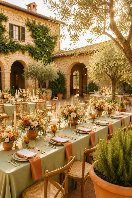 Sage Green and Terracotta Wedding: The Earthy Duo That Understood the Assignment 13 Tuscan courtyard wedding reception with sage green linens, terracotta accents, floral centerpieces, and golden evening light