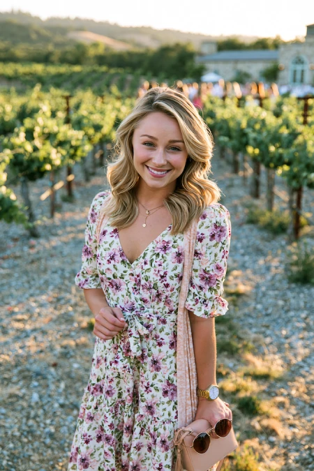 The Perfect Rehearsal Dinner Dress for Guests: Your Complete Outfit Guide 8 Woman in a floral wrap dress at a vineyard rehearsal dinner, styled with soft accessories and golden hour light
