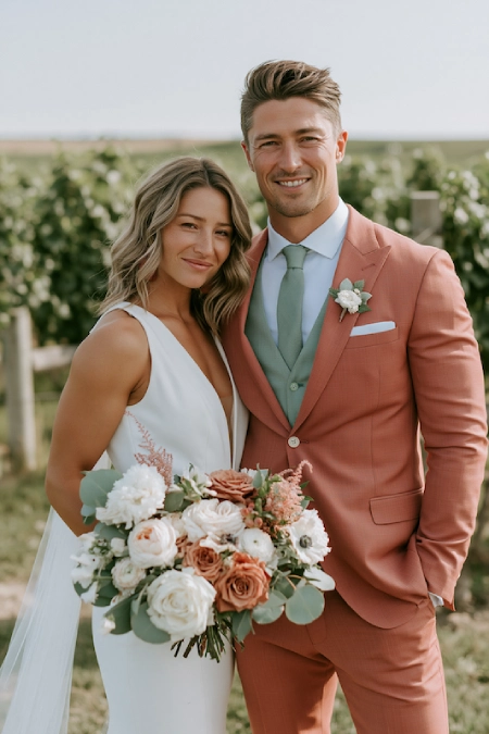 Sage Green and Terracotta Wedding: The Earthy Duo That Understood the Assignment 12 Bride and groom at a vineyard wedding with sage green tie, terracotta suit, and blush white bouquet in an outdoor setting
