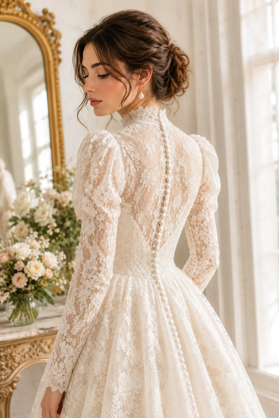 Bride wearing a vintage-inspired lace wedding dress with puff sleeves, illusion back, covered buttons, and elegant floral lace