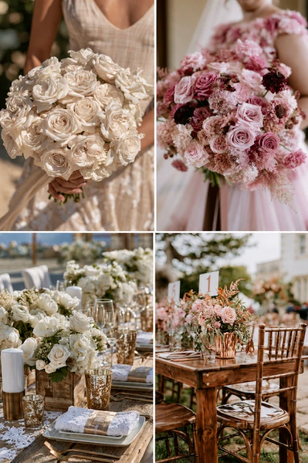 Sage Green and Terracotta Wedding: The Earthy Duo That Understood the Assignment 15 Four panel wedding collage featuring white and pink bridal bouquets with elegant reception centerpieces and romantic table decor