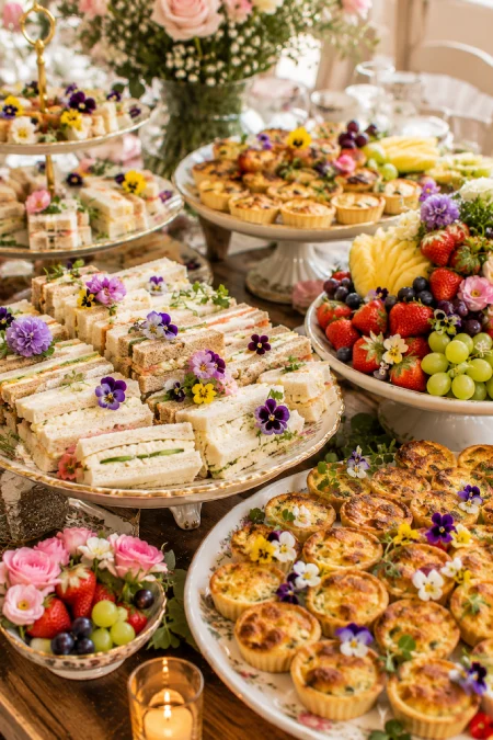 Wedding Buffet Ideas: Setups, Menus, and Layouts Guests Love (and Line Up Twice For) 14 Elegant wedding brunch buffet with tea sandwiches, mini quiches, fresh fruit, pastries, and edible flowers on serving platters