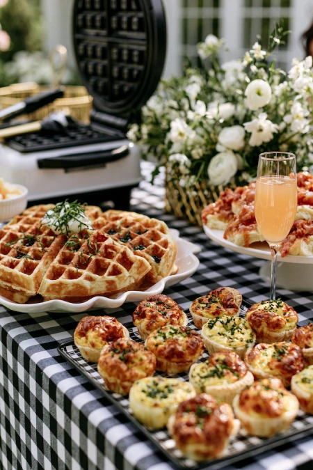 Wedding Buffet Ideas: Setups, Menus, and Layouts Guests Love (and Line Up Twice For) 6 Wedding brunch buffet with fresh waffles, mini quiches, mimosas, and elegant outdoor catering for a morning reception