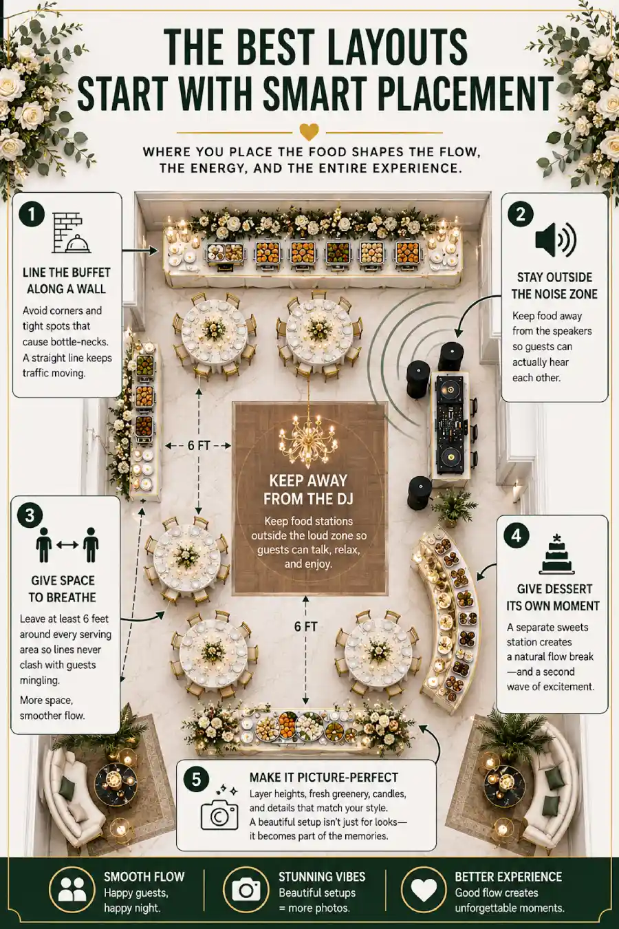 Wedding Buffet Ideas: Setups, Menus, and Layouts Guests Love (and Line Up Twice For) 18 Wedding buffet layout infographic showing food station placement, guest flow, DJ spacing, dessert area, and reception tips