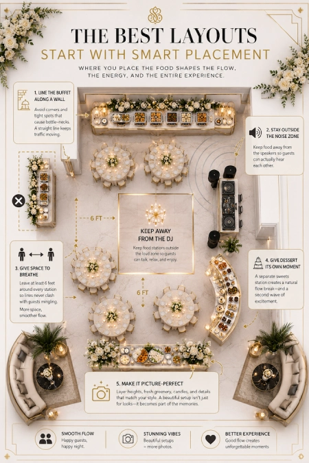 Wedding Buffet Ideas: Setups, Menus, and Layouts Guests Love (and Line Up Twice For) 18 Wedding buffet layout infographic showing ideal food station placement for smooth guest flow and an elegant reception design
