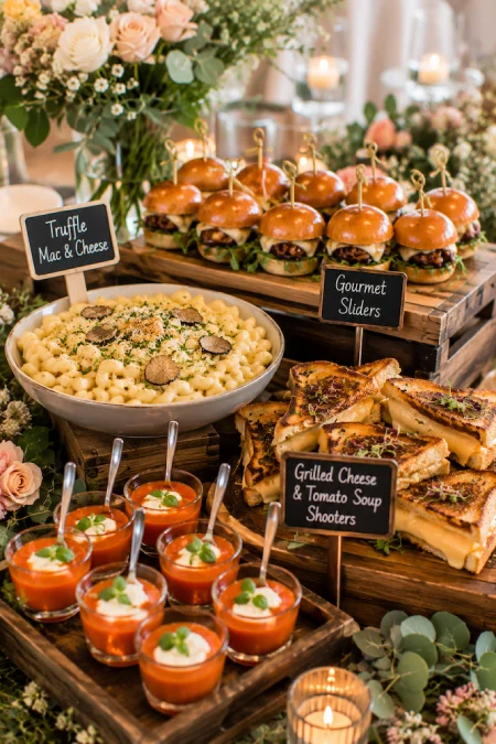 Wedding Buffet Ideas: Setups, Menus, and Layouts Guests Love (and Line Up Twice For) 17 Wedding comfort food station with gourmet sliders, truffle mac and cheese, grilled cheese, and tomato soup shooters buffet