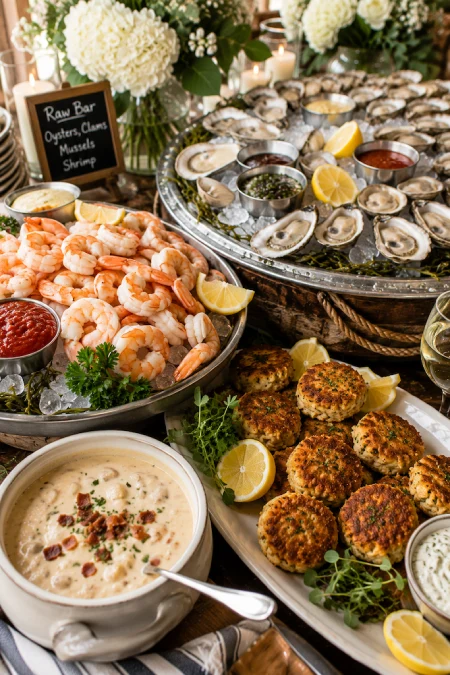 Wedding Buffet Ideas: Setups, Menus, and Layouts Guests Love (and Line Up Twice For) 13 Elegant wedding raw bar with oysters, shrimp, crab cakes, chowder, and fresh seafood buffet for a coastal reception feast