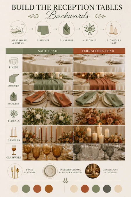 Sage Green and Terracotta Wedding: The Earthy Duo That Understood the Assignment 5 Wedding tablescape infographic comparing sage and terracotta styling with linens, florals, candles, glassware, and decor layers