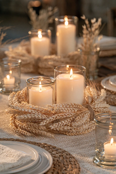 25 Fall Wedding Centerpieces With Main Character Energy (Cozy, Never Costume-y) 5 Glass pillar candles wrapped with wheat sheaves create a warm rustic centerpiece for a cozy fall wedding reception table