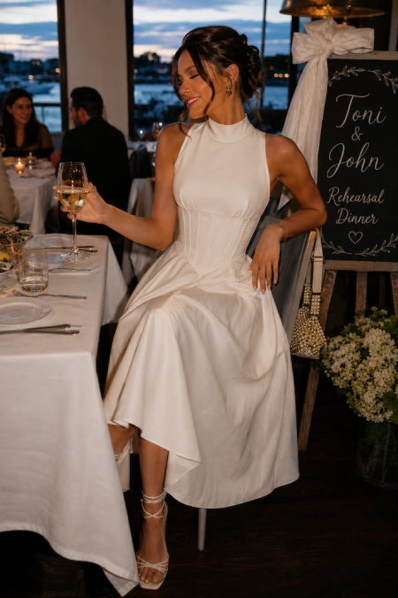Rehearsal Dinner Dresses for the Bride: What to Wear at Every Formality Level 5 Bride-to-be in a white corset midi dress with halter neckline seated at a waterfront rehearsal dinner beside a welcome sign