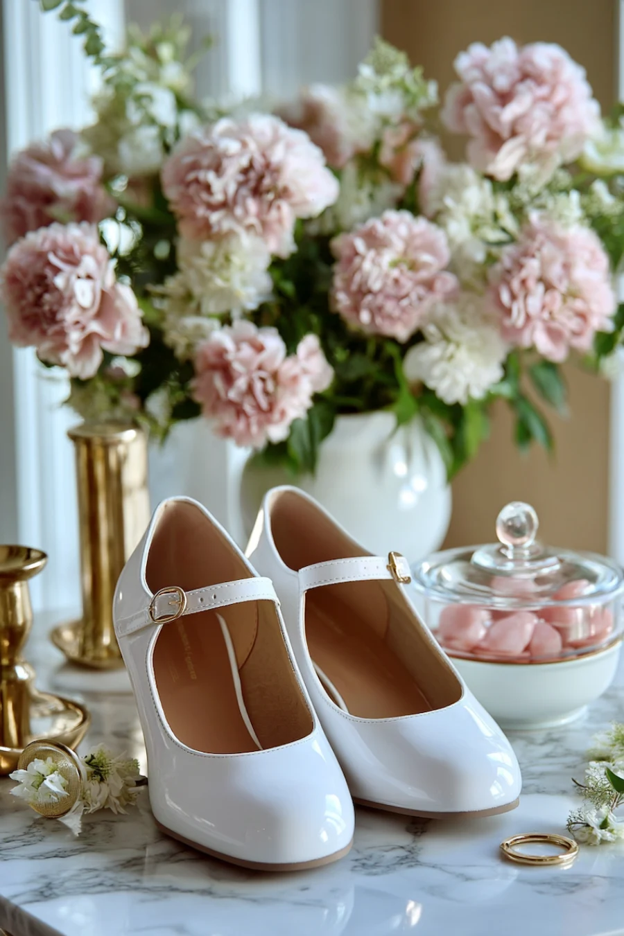 Wedding Shoes for the Bride: 27 Beautiful Ideas That Balance Style and Comfort 13 White Mary Jane wedding shoes with glossy finish and gold buckles styled beside blush flowers, candles, and bridal ring