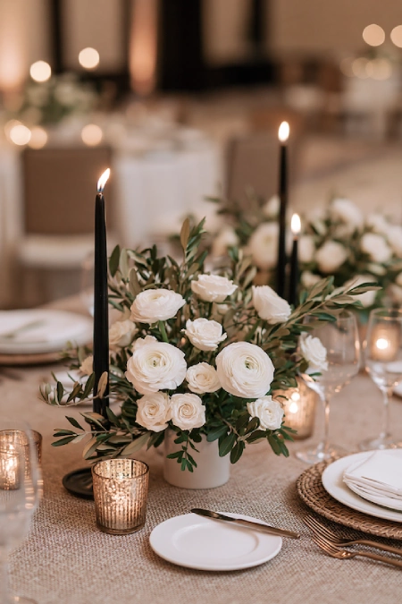 25 Fall Wedding Centerpieces With Main Character Energy (Cozy, Never Costume-y) 18 White rose and ranunculus centerpiece with olive branches and black taper candles on an elegant wedding reception table
