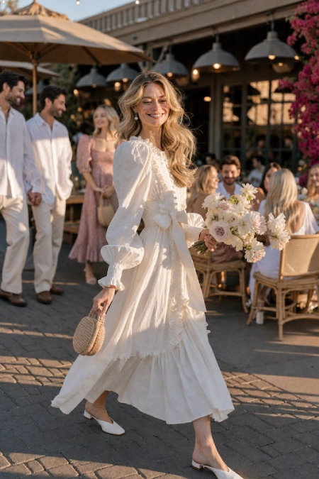 Rehearsal Dinner Dresses for the Bride: What to Wear at Every Formality Level 3 Bride-to-be in a white ruffled midi dress with puff sleeves carrying flowers at an outdoor rehearsal dinner on a sunny patio