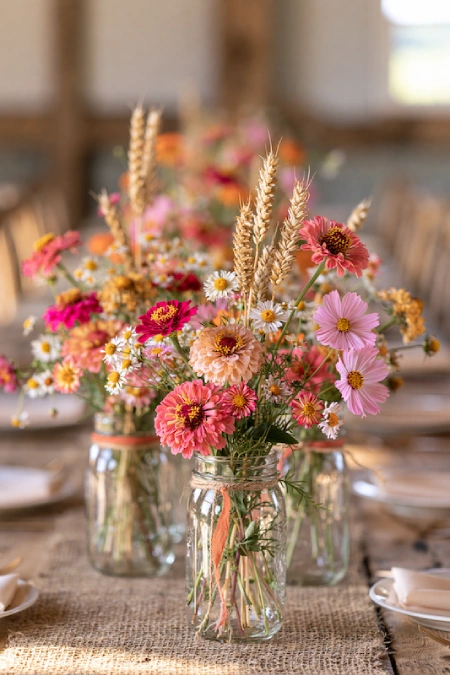 25 Fall Wedding Centerpieces With Main Character Energy (Cozy, Never Costume-y) 3 Wildflower wedding centerpieces in mason jars with pink blooms, daisies, and wheat on a rustic farmhouse reception table