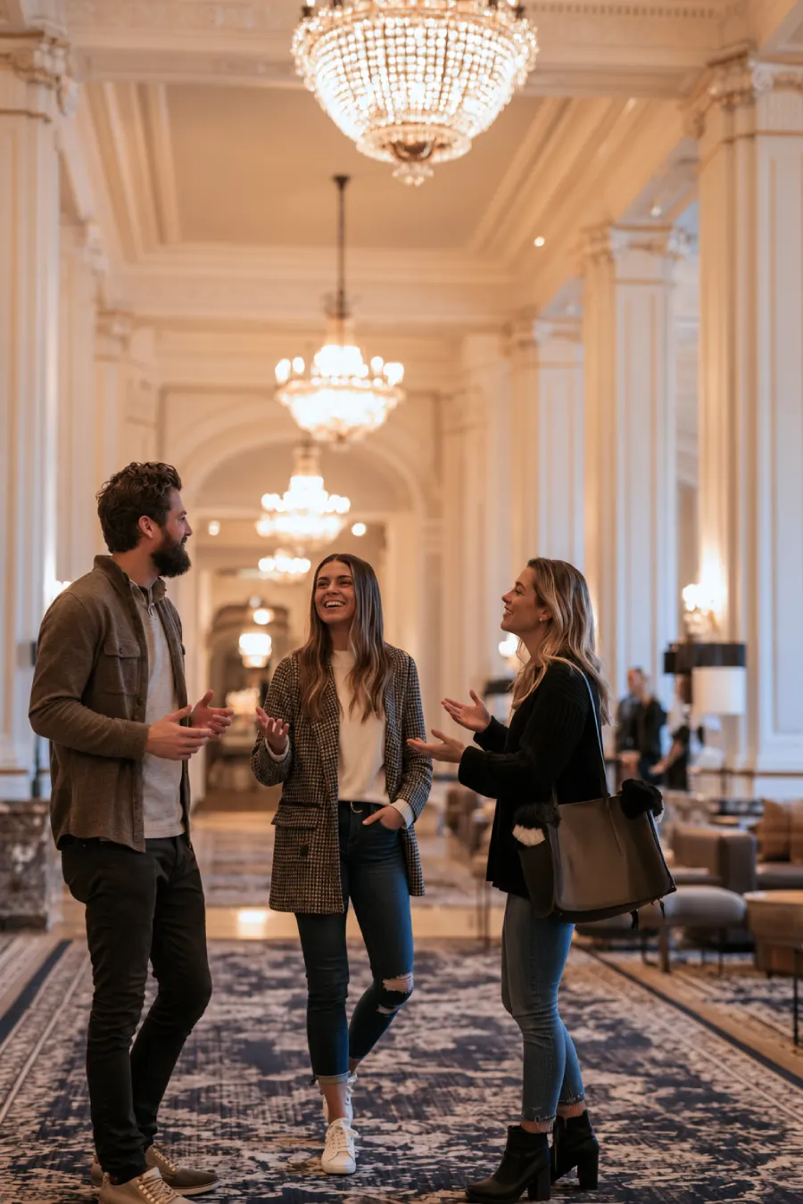 Newly engaged couple talks with a wedding planner while touring an elegant hotel ballroom illuminated by crystal chandeliers.